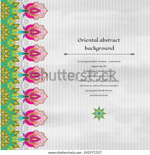 Vector abstract card\
with paisley border. Watercolor striped background. Place for your\
text. Hand drawing.