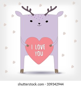 Vector abstract card, poster or banner with cute Deer and text "I love you" on the heart. Vector color illustration