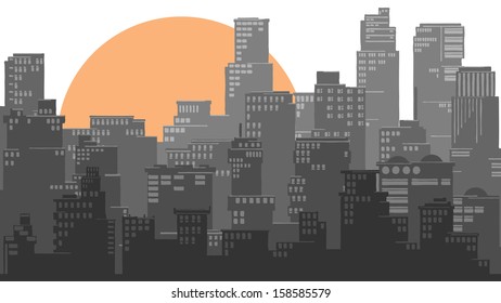 Vector abstract card of stylized big city with downtown and skyscrapers in sunset.