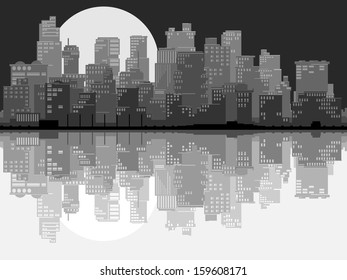 Vector abstract card of stylized big city with downtown and skyscrapers at moonlit night with daylight reflection in black and white tone.
