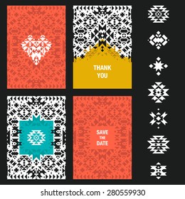 Vector abstract card templates for design wedding cards, party invitations, birthday, Valentines day, cover with tribal, navajo, ethnic, geometric patterns and elements 