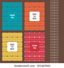 Vector abstract card templates for design wedding cards, party invitations, birthday, Valentines day, cover with tribal, Navajo, ethnic, geometric patterns and elements