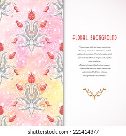 Vector abstract card. Tulip flower ornament. Floral pattern with curls. Delicate colored pencil background. Hand drawing. Place for your text. 