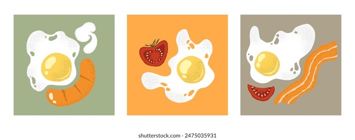 Vector abstract cards set with hand drawn eggs, bacon, sausages, tomatoes isolated on white background. Contemporary design illustration templates for poster, banner, menu