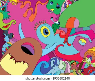 Vector Abstract cartoon doodle monster, insect and head colorful illustration. set of fluid abstract tribal tattoo, sticker, banner, social media story and wallpaper background