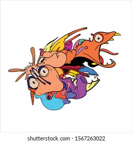 Vector abstract cartoon doodle skull, bone, insect, and head colorful illustration. Liquid and fluid abstract tribal tattoo, sticker and wallpaper background.