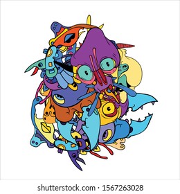 Vector abstract cartoon doodle skull, bone, insect, and head colorful illustration. Liquid and fluid abstract tribal tattoo, sticker and wallpaper background.