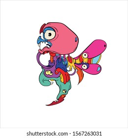 Vector abstract cartoon doodle skull, bone, insect, and head colorful illustration. Liquid and fluid abstract tribal tattoo, sticker and wallpaper background.