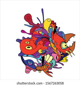 Vector abstract cartoon doodle skull, bone, insect, and head colorful illustration. Liquid and fluid abstract tribal tattoo, sticker and wallpaper background.