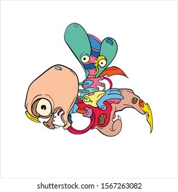 Vector abstract cartoon doodle skull, bone, insect, and head colorful illustration. Liquid and fluid abstract tribal tattoo, sticker and wallpaper background.