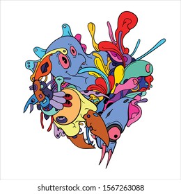 Vector abstract cartoon doodle skull, bone, insect, and head colorful illustration. Liquid and fluid abstract tribal tattoo, sticker and wallpaper background.