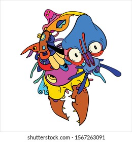 Vector abstract cartoon doodle skull, bone, insect, and head colorful illustration. Liquid and fluid abstract tribal tattoo, sticker and wallpaper background.