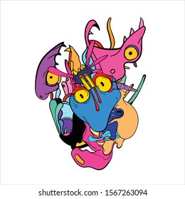Vector abstract cartoon doodle skull, bone, insect, and head colorful illustration. Liquid and fluid abstract tribal tattoo, sticker and wallpaper background.