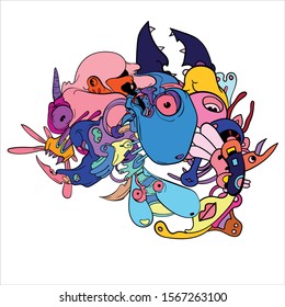 Vector abstract cartoon doodle skull, bone, insect, and head colorful illustration. Liquid and fluid abstract tribal tattoo, sticker and wallpaper background.