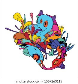 Vector abstract cartoon doodle skull, bone, insect, and head colorful illustration. Liquid and fluid abstract tribal tattoo, sticker and wallpaper background.