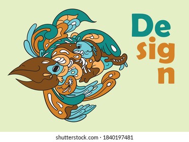 Vector abstract cartoon doodle skull, bone, insect, and head colorful illustration.