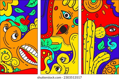 Vector abstract cartoon doodle skull, bone, insect, and head colorful illustration. Set of Liquid and sticker, banner, social media story, and wallpaper background.
