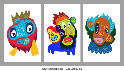 Vector abstract cartoon doodle skull, bone, insect, and head colorful illustration. Liquid and fluid abstract tribal tattoo, sticker and wallpaper background.	