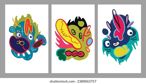 Vector abstract cartoon doodle skull, bone, insect, and head colorful illustration. Liquid and fluid abstract tribal tattoo, sticker and wallpaper background.	