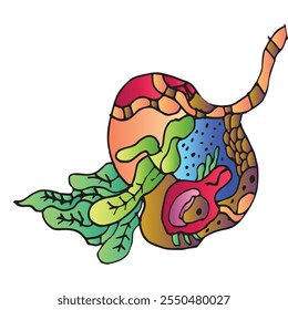 Vector abstract cartoon doodle skull, botanical, nature, and head colorful illustration. Liquid and fluid abstract tribal tattoo, sticker, banner and wallpaper background.Vector illustration
