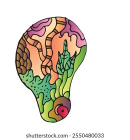 Vector abstract cartoon doodle skull, botanical, nature, and head colorful illustration. Liquid and fluid abstract tribal tattoo, sticker, banner and wallpaper background.Vector illustration