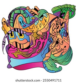 Vetor abstrato desenhos animados rabiscar crânio, osso, inseto, botânico e cabeça ilustração colorida. Líquido e líquido abstrato tribal tatuagem, adesivo, banner e fundo de papel de parede. Ilustração vetorial