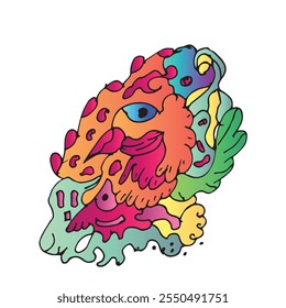 Vector abstract cartoon doodle skull, bone, insect, botanical and head colorful illustration. Liquid and fluid abstract tribal tattoo, sticker, banner and wallpaper background. Vector illustration