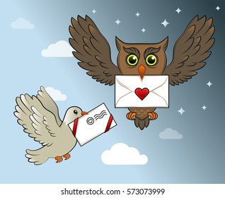 Vector abstract cartoon illustration of an Owl and a Dove with a love letters in a beak. Day and night urgent delivery concept