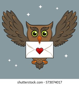 Vector abstract cartoon illustration of an Owl with a love letter in a beak. Day and night urgent delivery concept