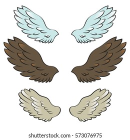 Vector abstract cartoon illustration of a three pair of wings: blue, brown and white. Black outline. Isolated on white