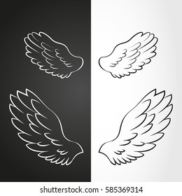 Vector abstract cartoon illustration of two pair of wings: eagle and dove. Black outline. Isolated on black and white background