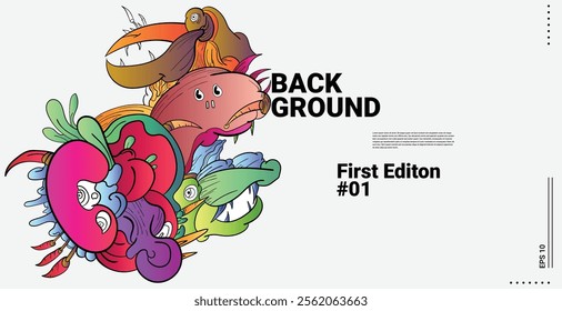 Vector abstract cartoon monster face, beak, fang, bird doodle design,and head colorful illustration.Banner and wallpaper background. landing page illustration