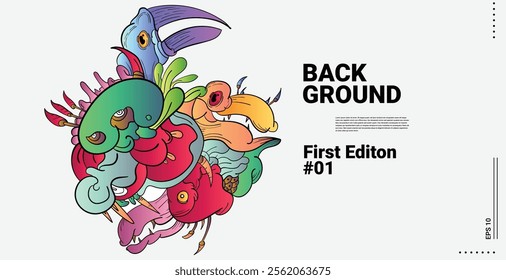 Vector abstract cartoon monster face, beak, fang, bird doodle design,and head colorful illustration.Banner and wallpaper background. landing page illustration