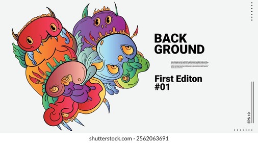 Vector abstract cartoon monster face, beak, fang, bird doodle design,and head colorful illustration.Banner and wallpaper background. landing page illustration