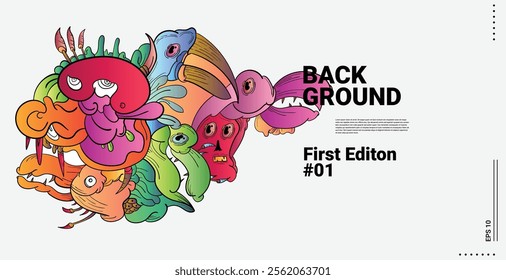 Vector abstract cartoon monster face, beak, fang, bird doodle design,and head colorful illustration.Banner and wallpaper background. landing page illustration