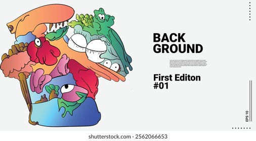 Vector abstract cartoon monster face, beak, fang, bird doodle design,and head colorful illustration.Banner and wallpaper background. landing page illustration