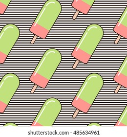 Vector abstract cartoon pink and green ice cream on black and white stripes pattern. Cute background summer illustration