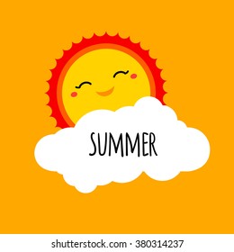 Vector abstract cartoon summer background design concept with happy smiley sun, white cloud and hand drawn lettering. Summer holiday design element for summer beach or summer camp logo, banner, sign