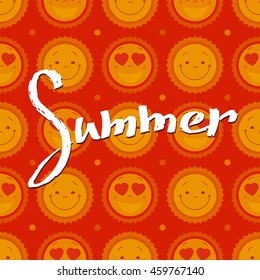 Vector abstract cartoon summer background design concept with happy smiley sun and hand drawn lettering. Design for banner, sign. Flat graphics for logo, web and print.