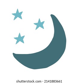 Vector abstract celestial elements moon and stars in flat, doodle, hand draw style. Simple illustration for design and decoration