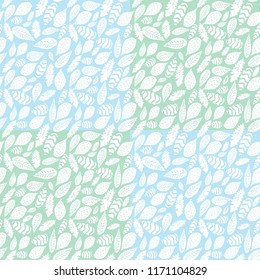 Vector abstract checkered leaf seamless repeat pattern background with green and blue squares. Perfect for fabric, home decor, stationery, backdrops. 