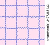 Vector abstract checkered seamless pattern. Repeating background with blue intersecting wavy lines in hand drawn style