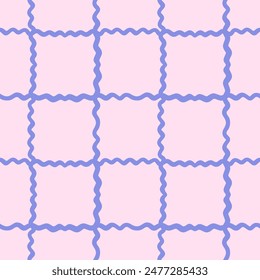 Vector abstract checkered seamless pattern. Repeating background with blue intersecting wavy lines in hand drawn style