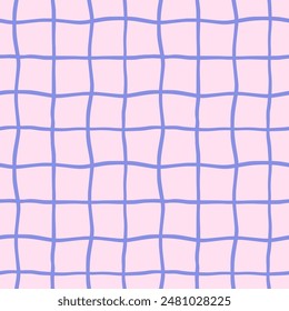 Vector abstract checkered seamless pattern. Repeating background with blue wavy lines in hand drawn style on pink background.