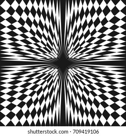 Vector abstract checkered seamless pattern. Distorted surface, optical illusion effect. Black & white geometric texture. Creative monochrome background. Pop art style. Square repeat design element
