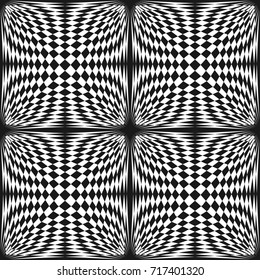 Vector abstract checkered seamless pattern. Distorted surface, optical illusion effect. Black & white modern geometric texture. Creative monochrome background. Square design element, repeat tiles