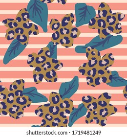 Vector Abstract Cheetah or Leopard Flower Pattern in Coral Pink Stripes Background