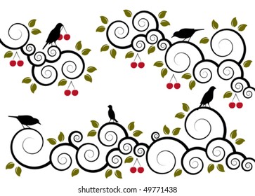 vector abstract cherry branches and birds on white background
