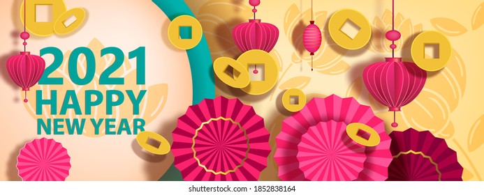 Vector abstract Chinese New Year background with coins, fans and lanterns. Traditional postcard in golden and pink colors. Vector festive greeting illustration