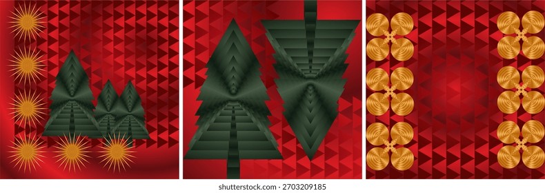 Fondo de Navidades abstractas de Vector con pinos geométricos y adornos dorados en un patrón de triángulo de gradiente rojo. Perfecto para Anuncios festivos, tarjetas y decoraciones.  